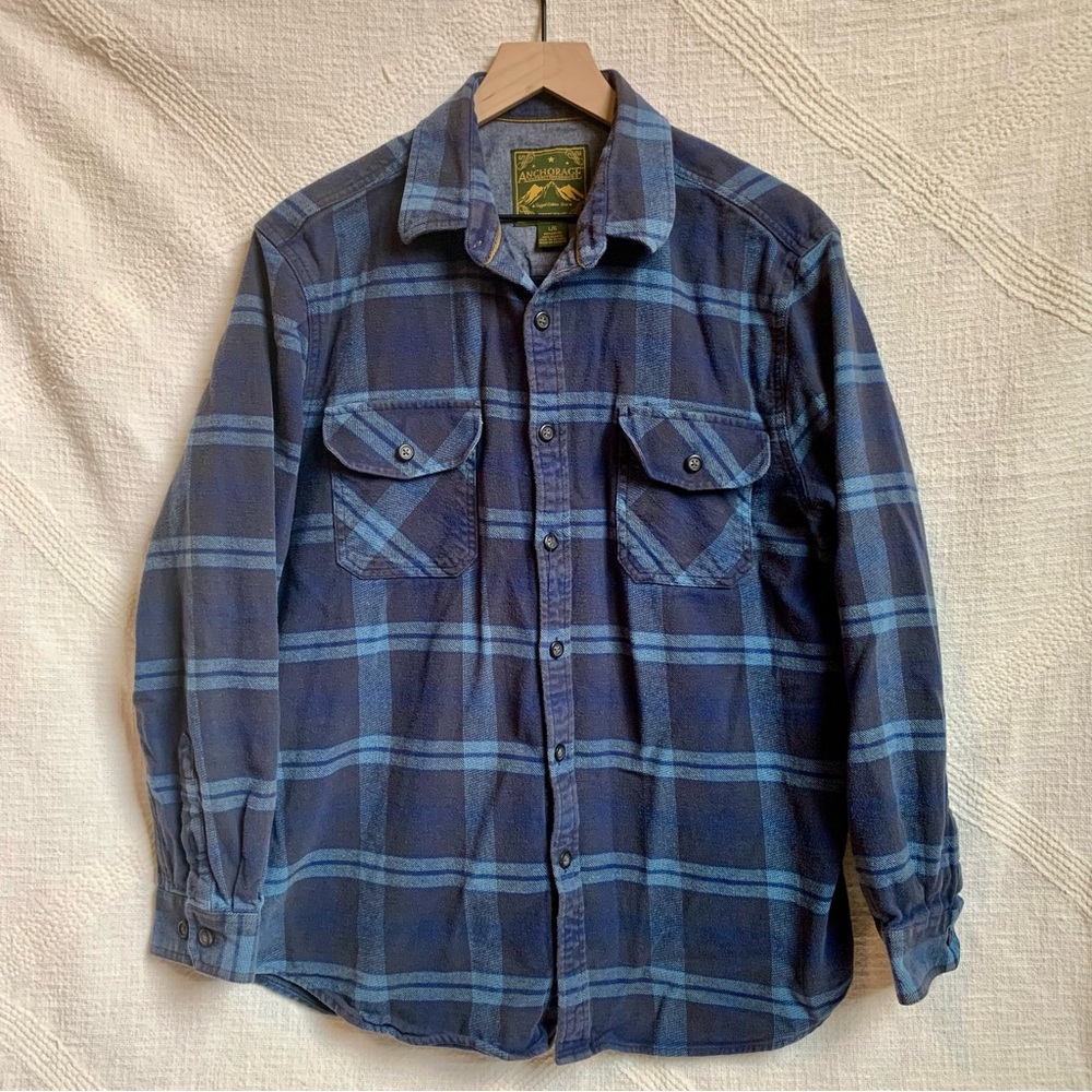 Anchorage Expedition Heavy Flannel Shirt Mens L Blue Plaid Long Sleeve Button Up